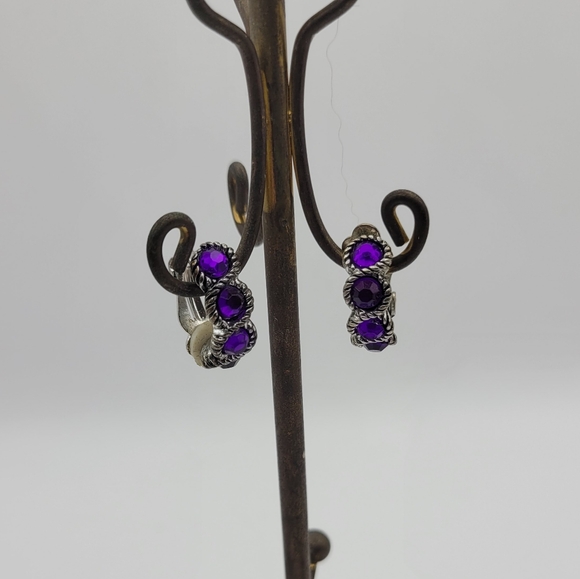 Vintage Deep Purple and Silver Tone Half Hook Clip On Earrings - Picture 8 of 8